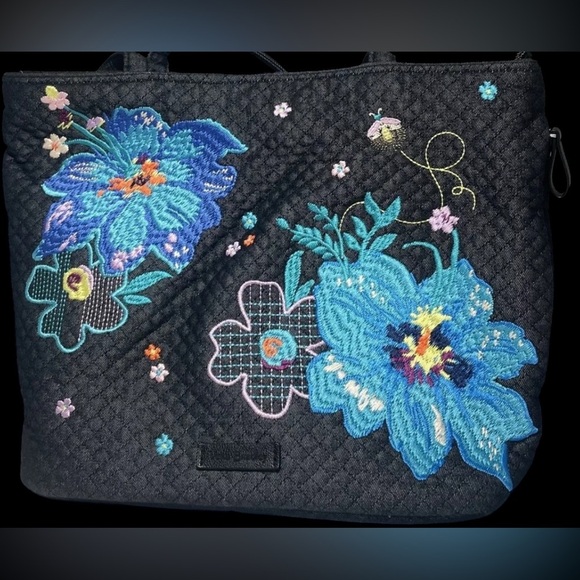 Vera Bradley 'Denim Navy Midnight Garden' Turquoise Floral Embroidered & Quilted - Picture 7 of 16